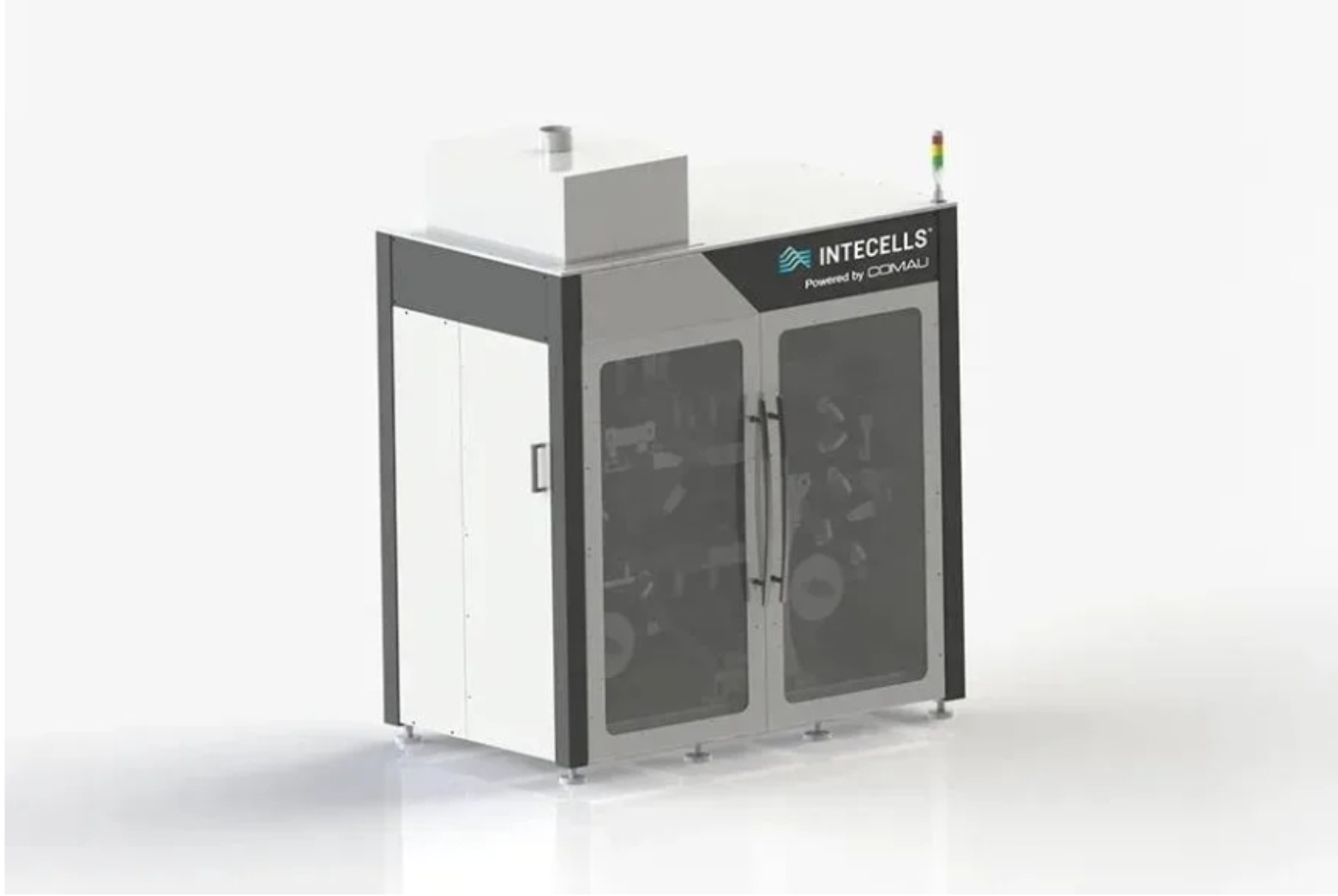 Industrial machine with glass doors labeled INTECELLS, used for automated manufacturing.