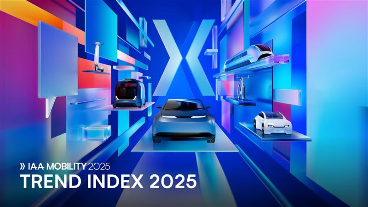 Futuristische Fahrzeuge und Mobilitätsgeräte in digitalem Tunnel mit dem Schriftzug „Trend Index 2025“.