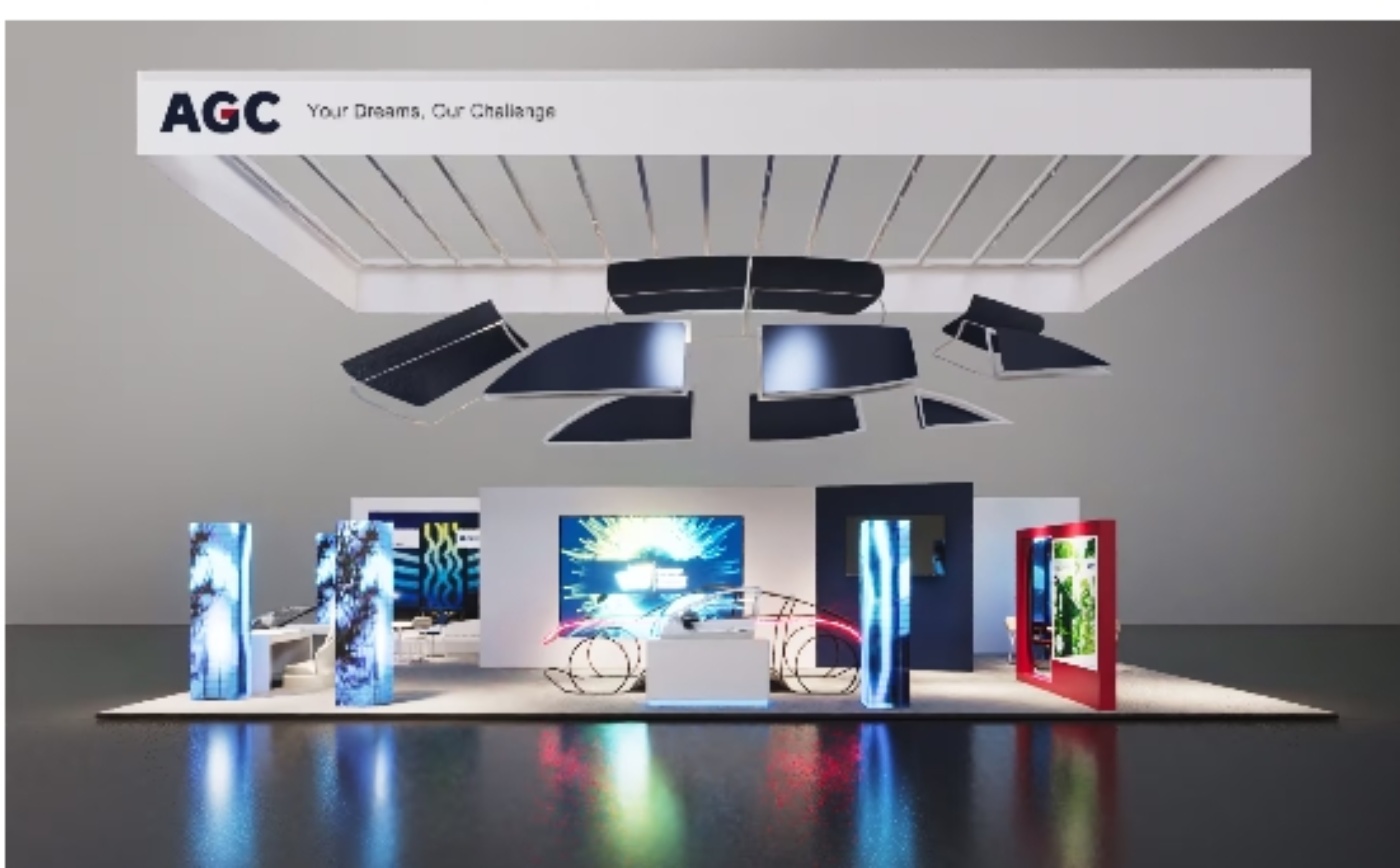 Exhibition booth with AGC logo, car model, and illuminated display panels.