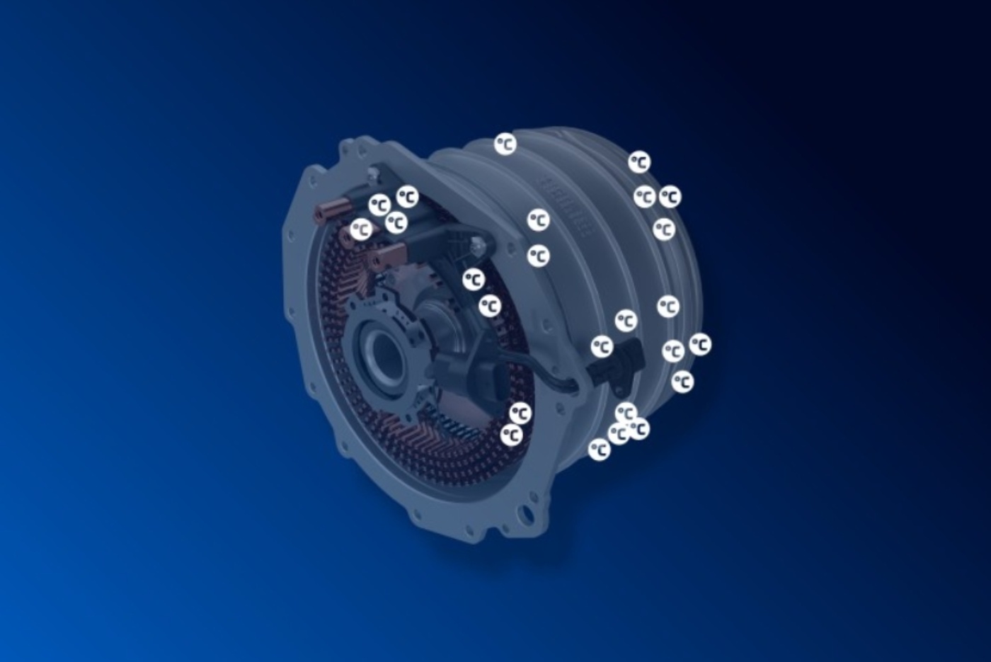 Electric motor with temperature indicators shown on various components.