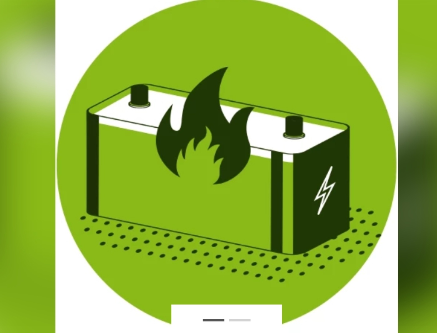 Illustration einer brennenden Batterie als Symbol für Überhitzung oder Brandgefahr in grünem Kreis.