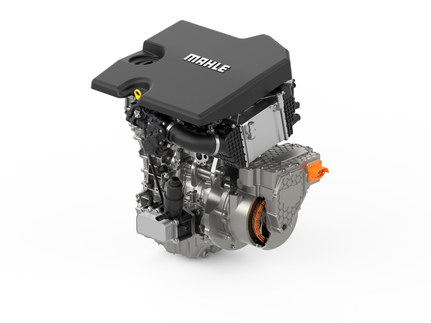 Kompakte Hybridantriebseinheit von MAHLE mit sichtbaren Elektro- und Verbrennungsteilen.