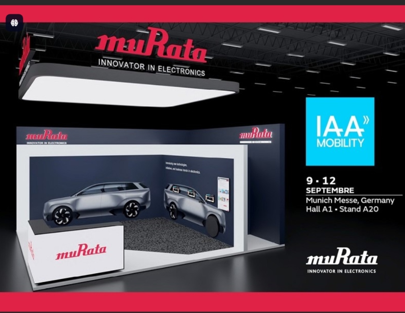 muRata-Messestand bei der IAA MOBILITY mit zwei Konzeptfahrzeugen und Eventinfos vom 9.–12. September.