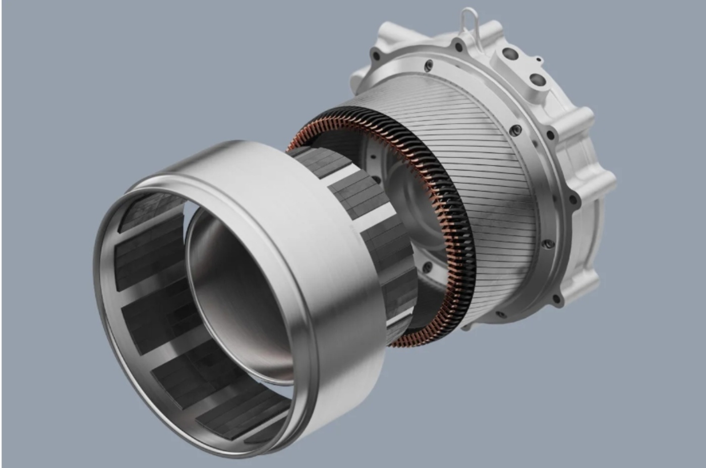 Detailed view of an opened electric motor with visible copper windings and rotor structure.