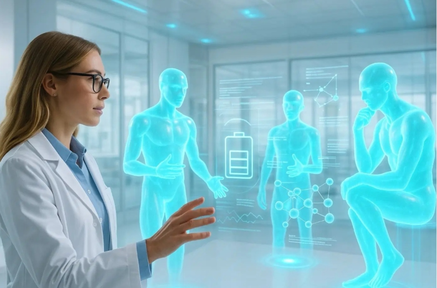 Female scientist interacts with virtual human holograms and data in a futuristic lab setting.