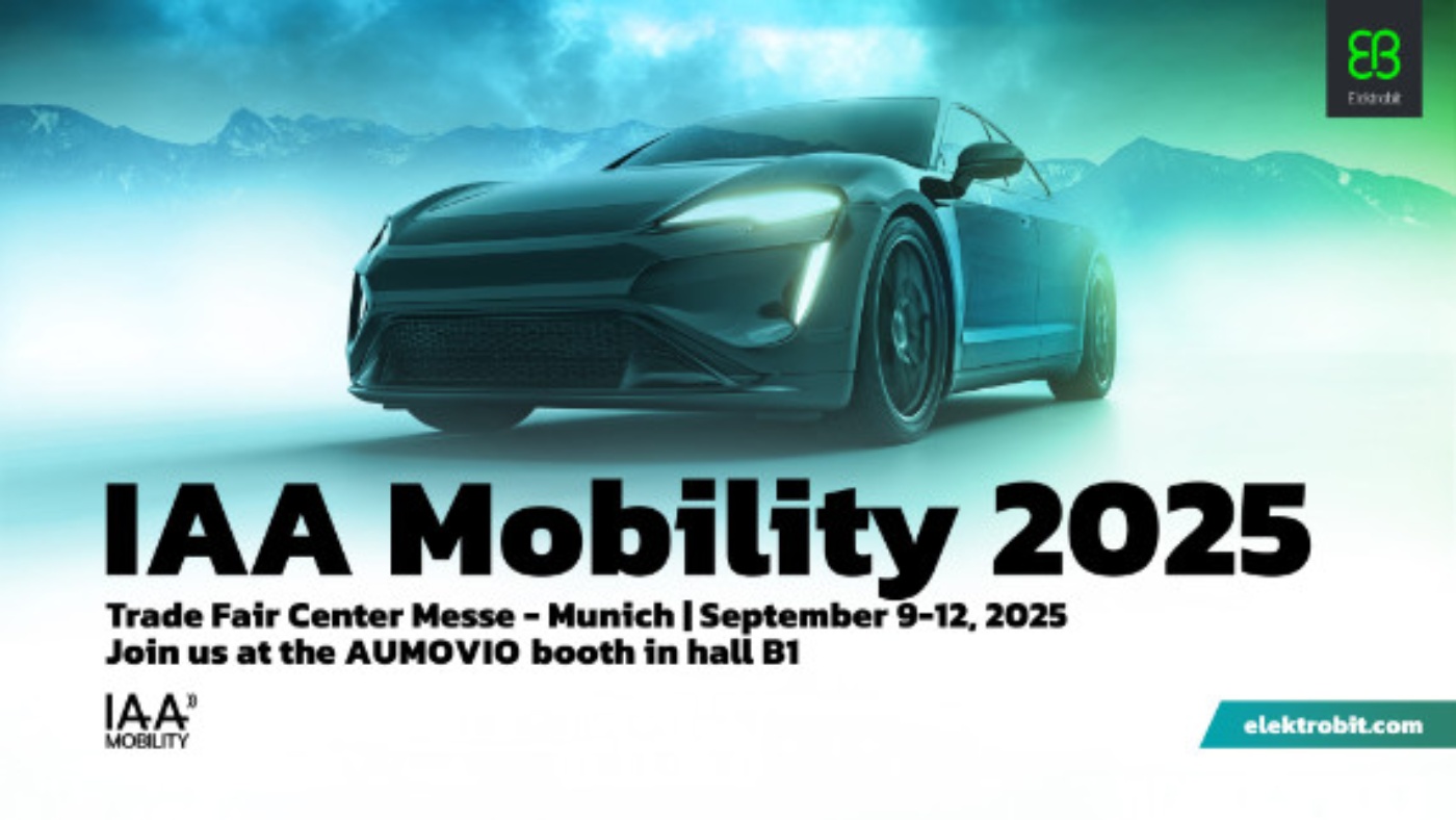 Electric sports car with mountain backdrop promotes Elektrobit at IAA MOBILITY 2025 in Munich.