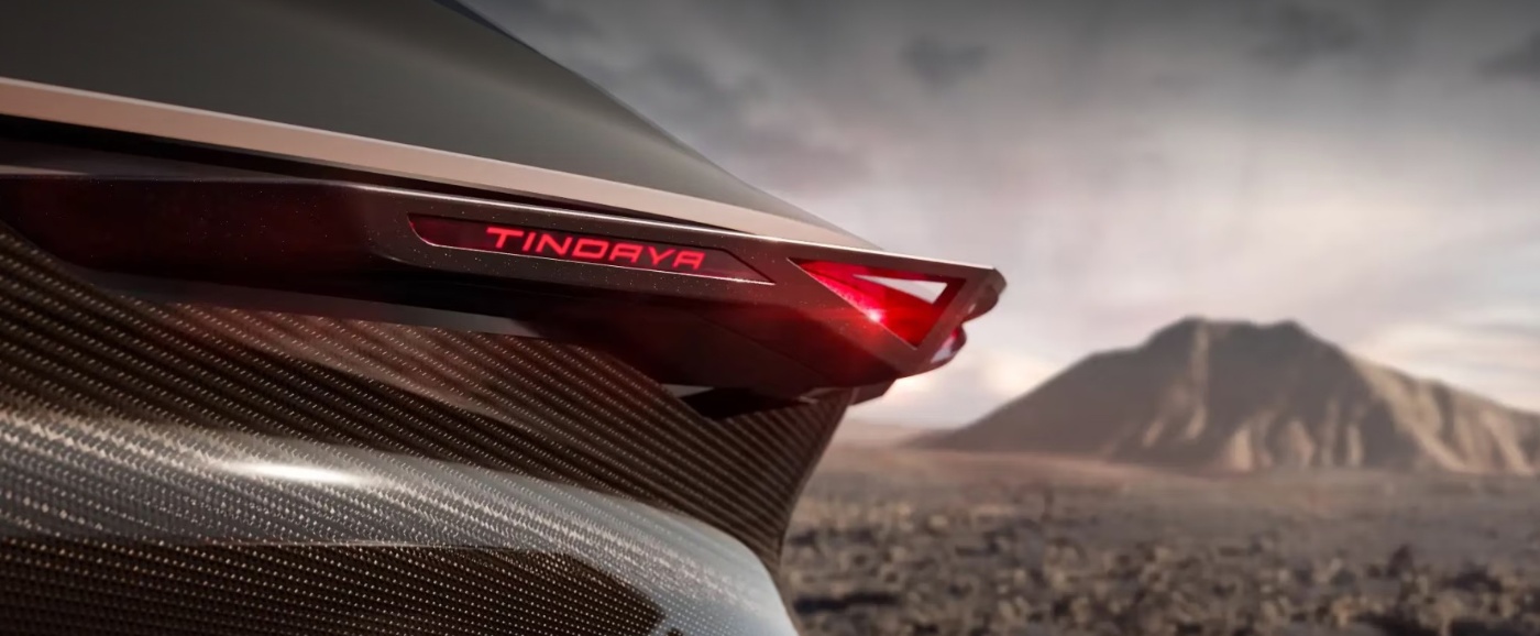 Close-up of the Cupra Tindaya concept car's rear light with mountain landscape in background.