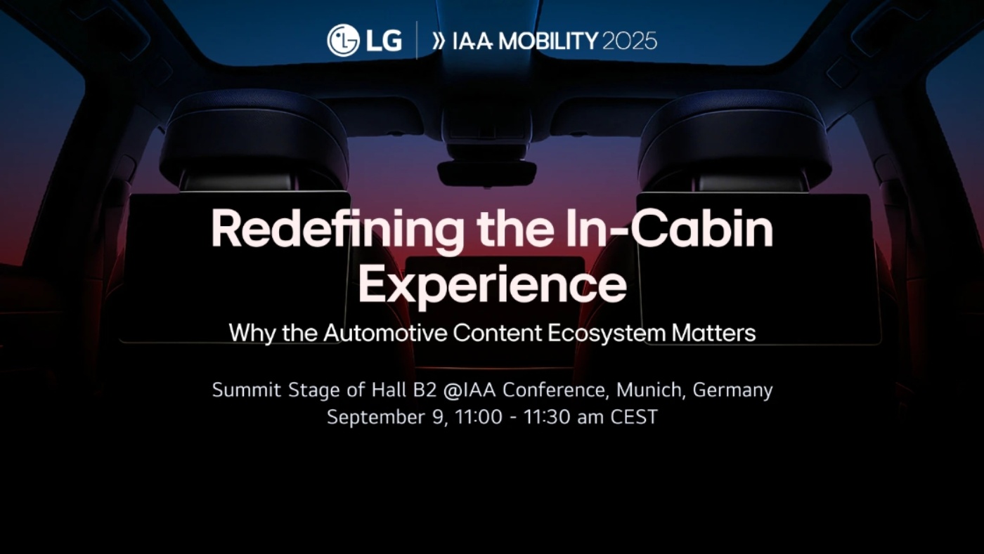 View from a car interior promoting LG's IAA Mobility 2025 session on in-cabin experiences.