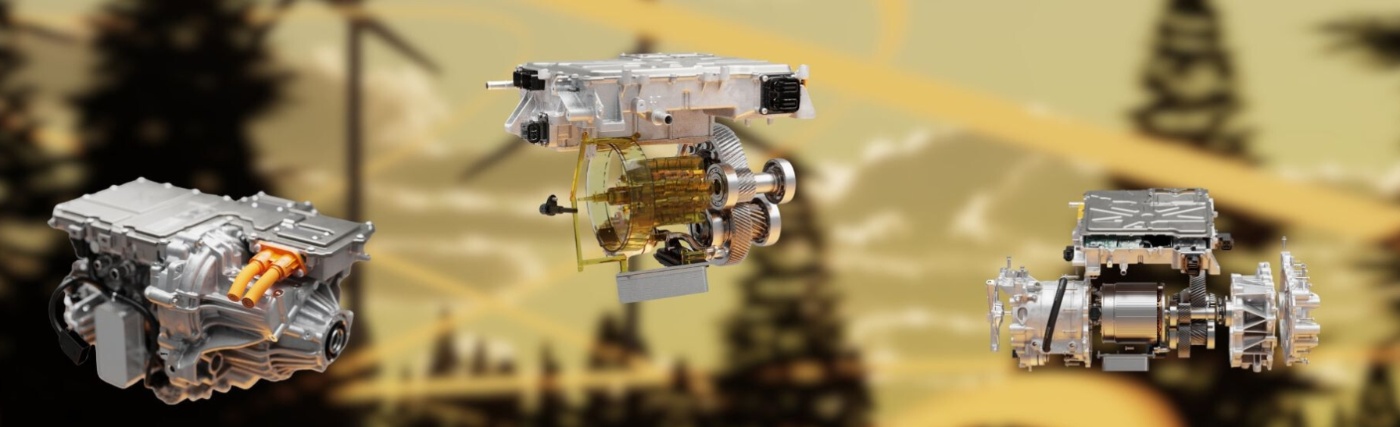 Three detailed electric drive units shown against a blurred background with industrial silhouettes.