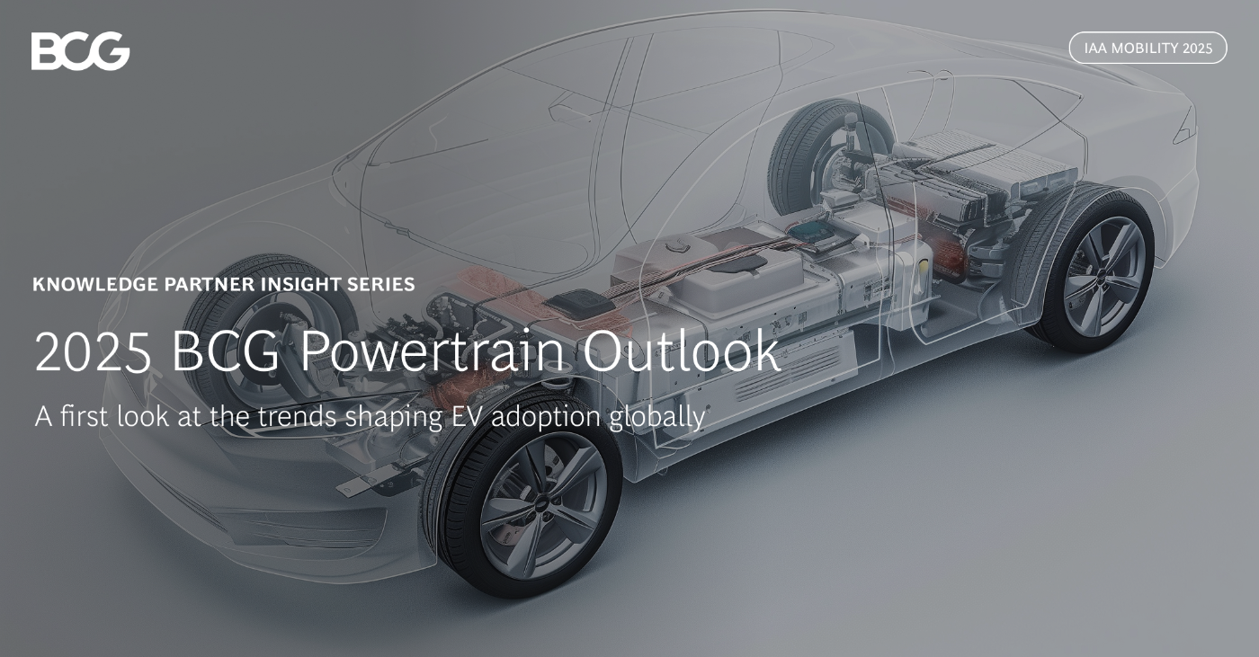 Transparent electric car graphic highlights internal components for BCG’s 2025 powertrain outlook.