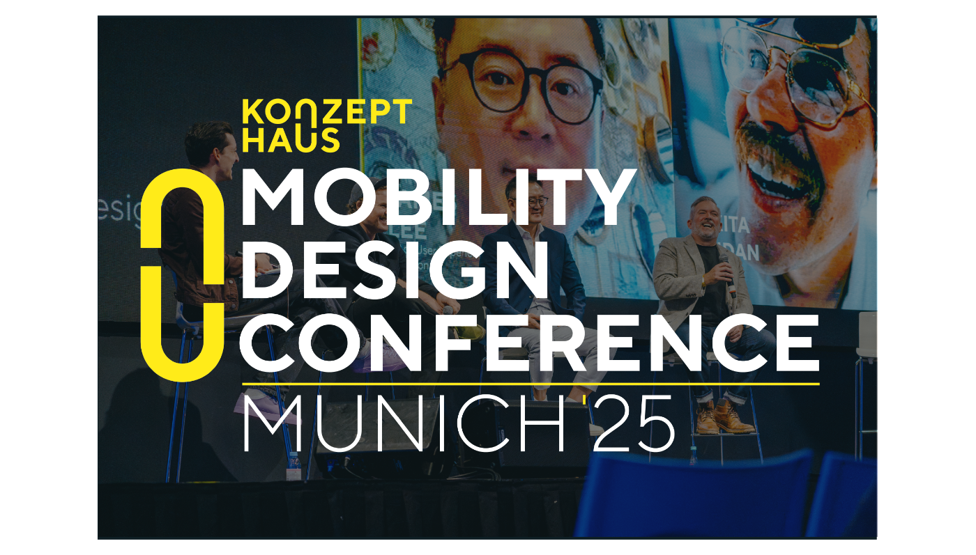 Podiumsdiskussion bei der Mobility Design Conference 2025 in München mit Sprechern und Großbildschirm.