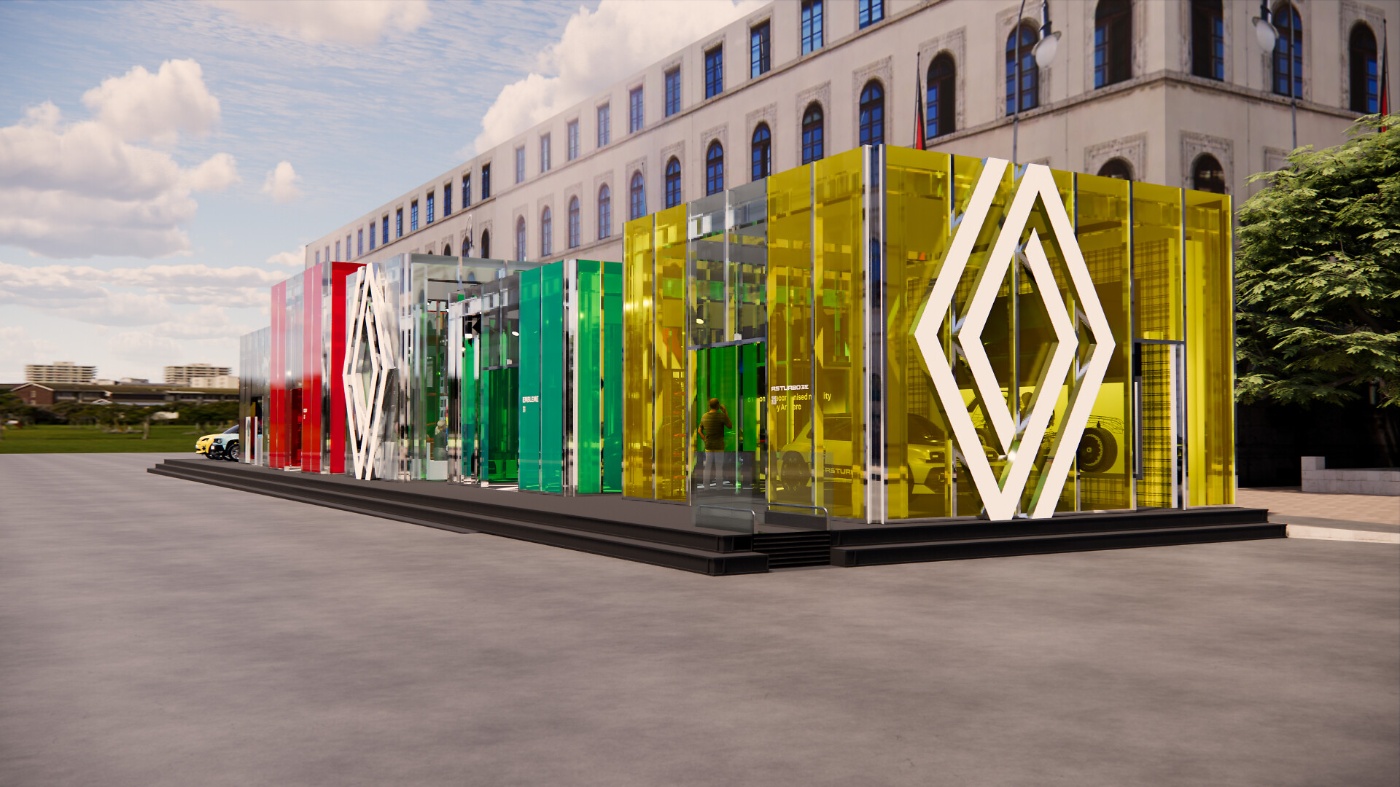 Bunter Renault-Pavillon mit großem Logo und Glaswänden vor einem historischen Stadtgebäude.
