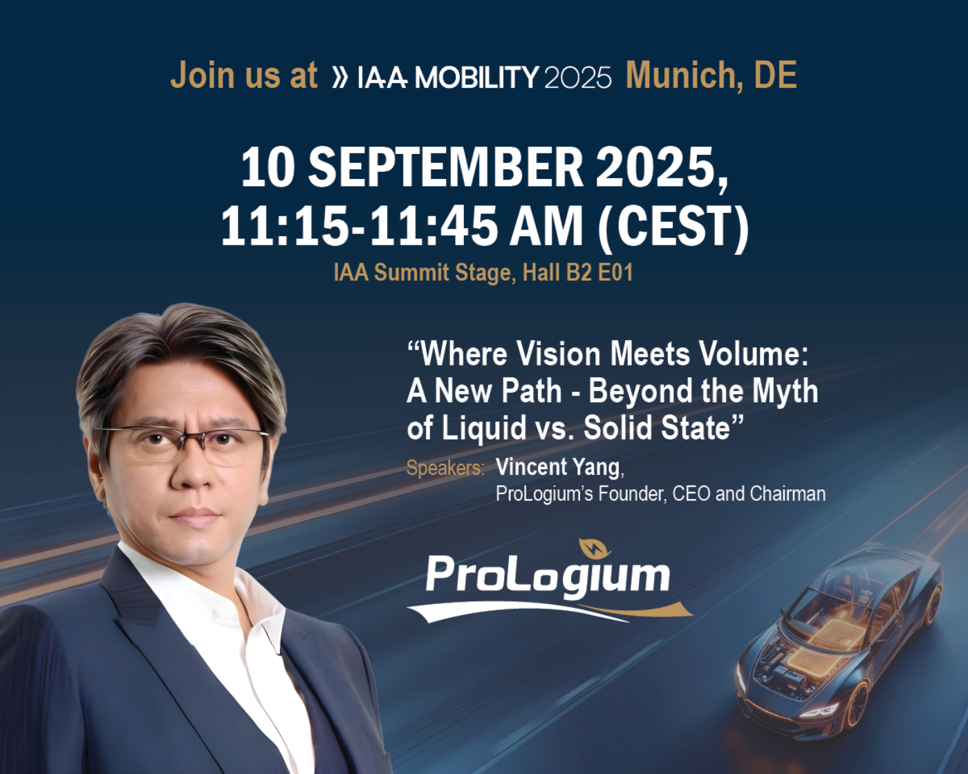Veranstaltungsposter mit Redner Vincent Yang für ProLogiums Vortrag auf der IAA Mobility 2025 in München.