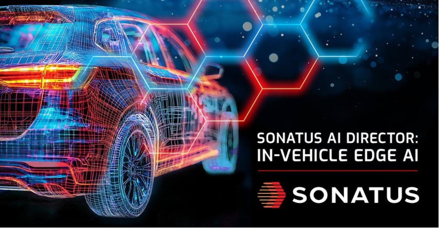 Digital rendering of a car with neon lines, promoting Sonatus AI Director for in-vehicle edge AI.