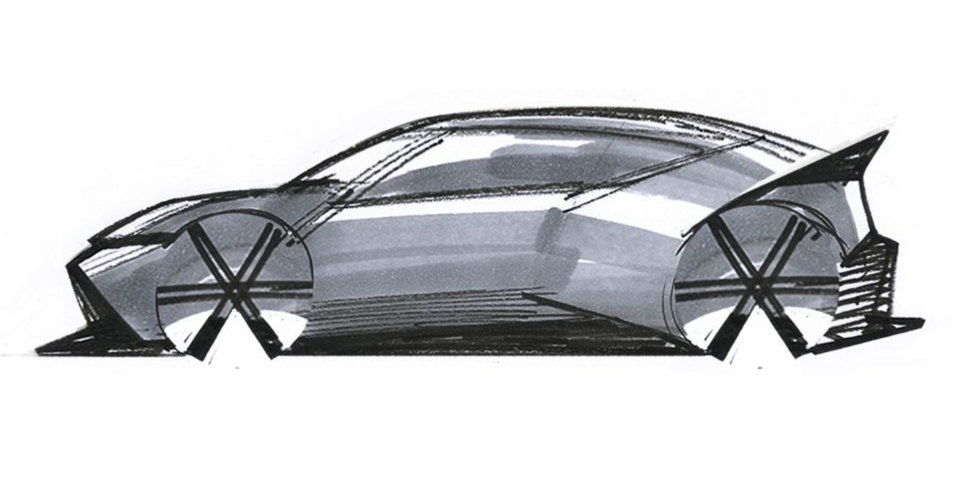 Seitenansicht einer stilisierten Auto-Designskizze mit überzeichneten Rädern und klaren Linien.