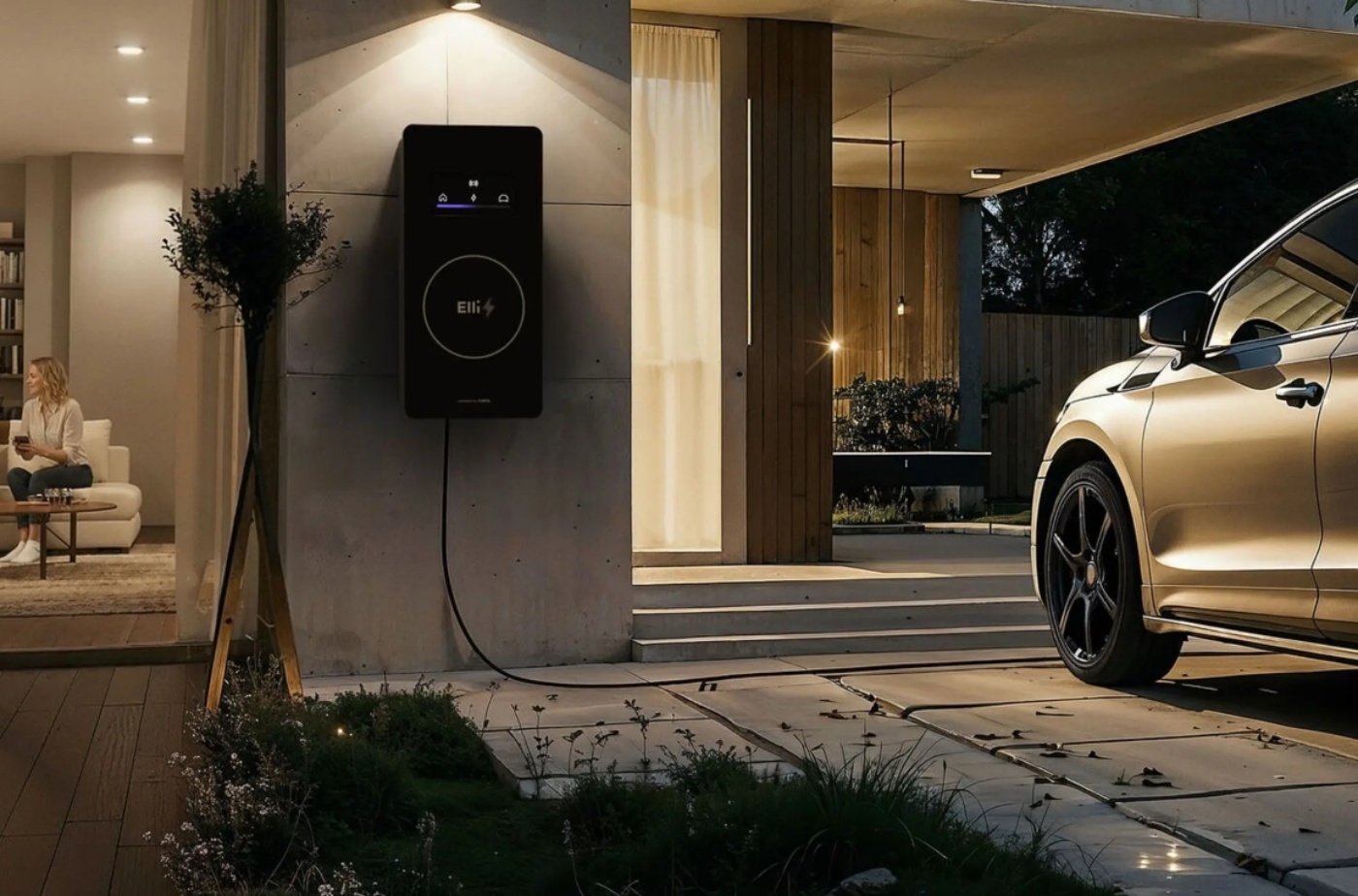 Wallbox with charging cable mounted on a modern house exterior next to a parked electric car.
