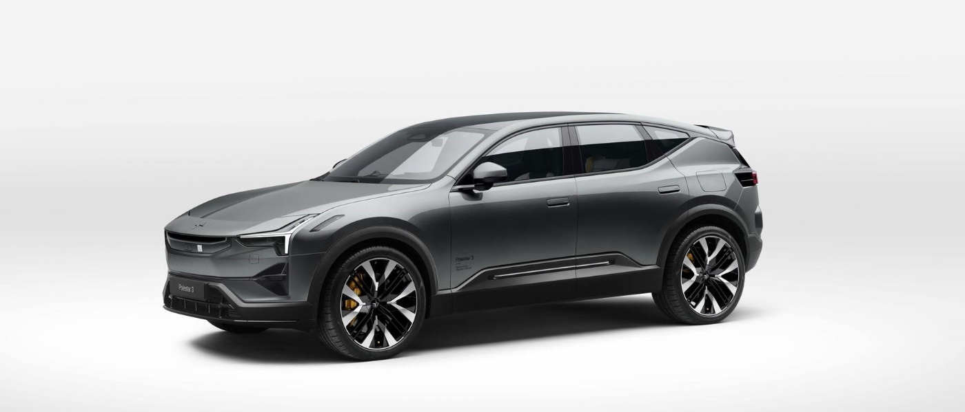 Side view of a grey Polestar 3 electric SUV in a studio setting with white background.