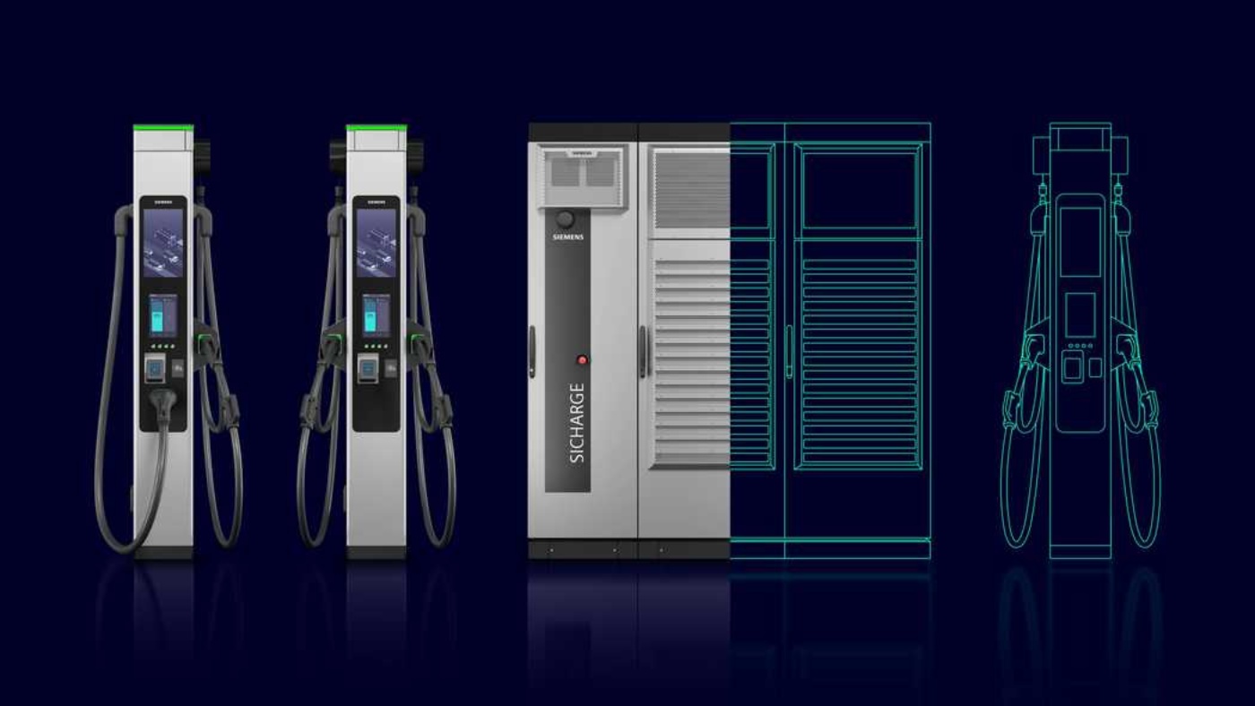 Siemens EV charging stations with power cabinet and wireframe drawings on a dark background.