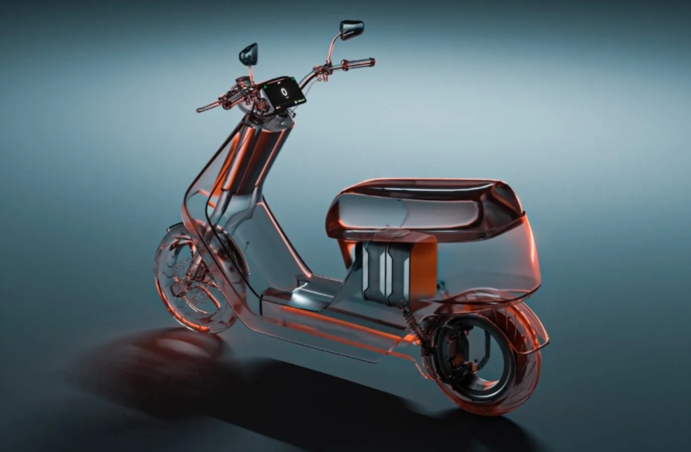 Transparent electric scooter revealing internal components like battery and motor in a studio setting.