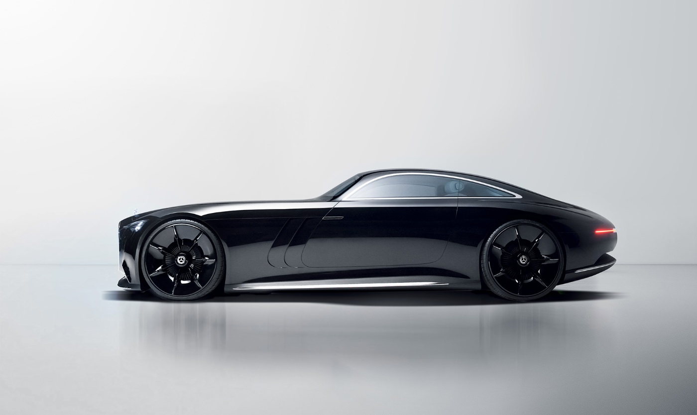 Sleek black luxury concept car in a studio, viewed from the side.