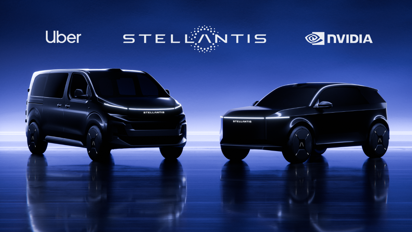 Zwei futuristische Stellantis-Konzeptfahrzeuge mit Logos von Uber, Stellantis und Nvidia darüber.