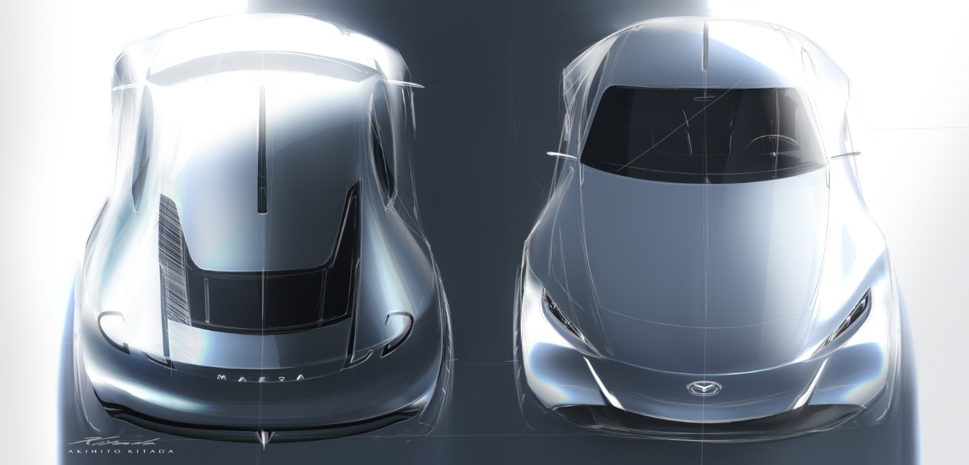 Draufsicht auf zwei elegante Mazda-Konzeptautos in einer digitalen Entwurfsskizze.