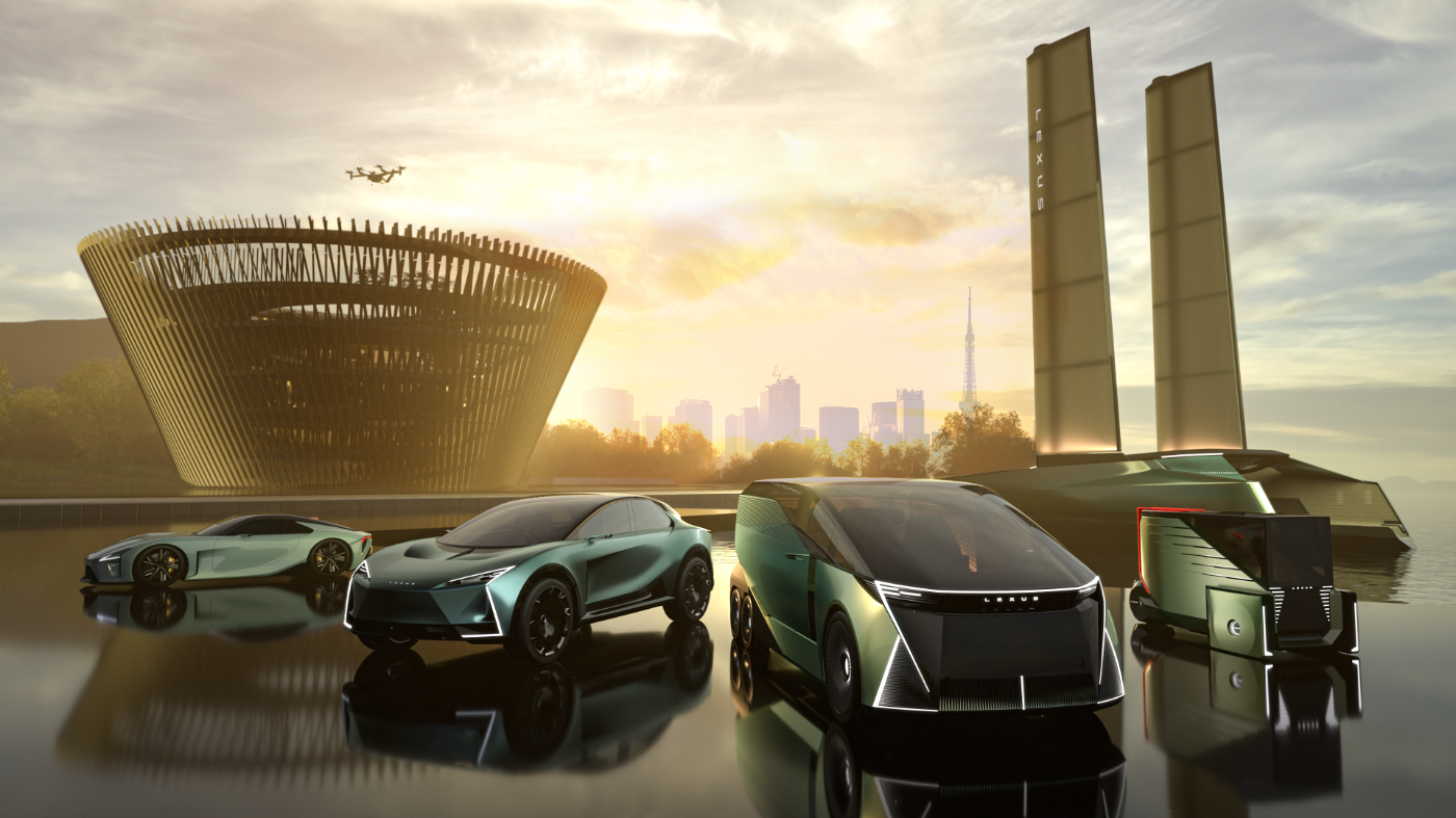 Futuristische Lexus-Fahrzeuge und ein Bootskonzept vor Skyline und rundem Pavillon.