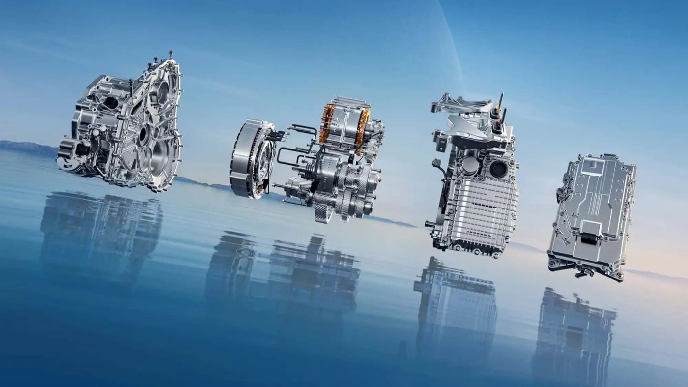 Five separate metallic vehicle components float above a reflective blue surface against a blue sky.