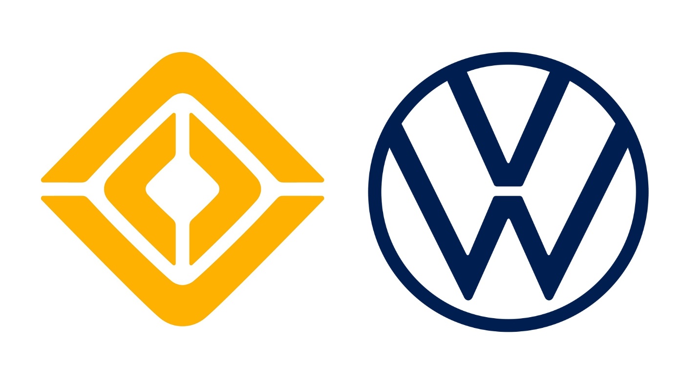 On the left, a yellow diamond-shaped symbol with a white stylized diamond in the center; on the right, the dark blue Volkswagen logo with interlocked letters V and W inside a circle.
