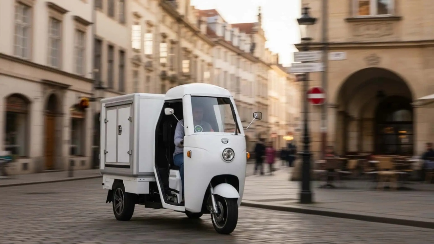 Three-wheeled white delivery vehicle with enclosed cabin driving through a historic city street.