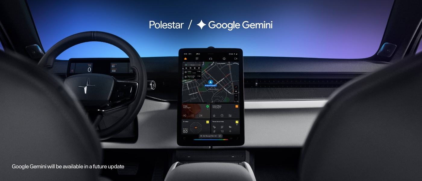 Car cockpit view with central display showing Google Gemini in a Polestar vehicle.