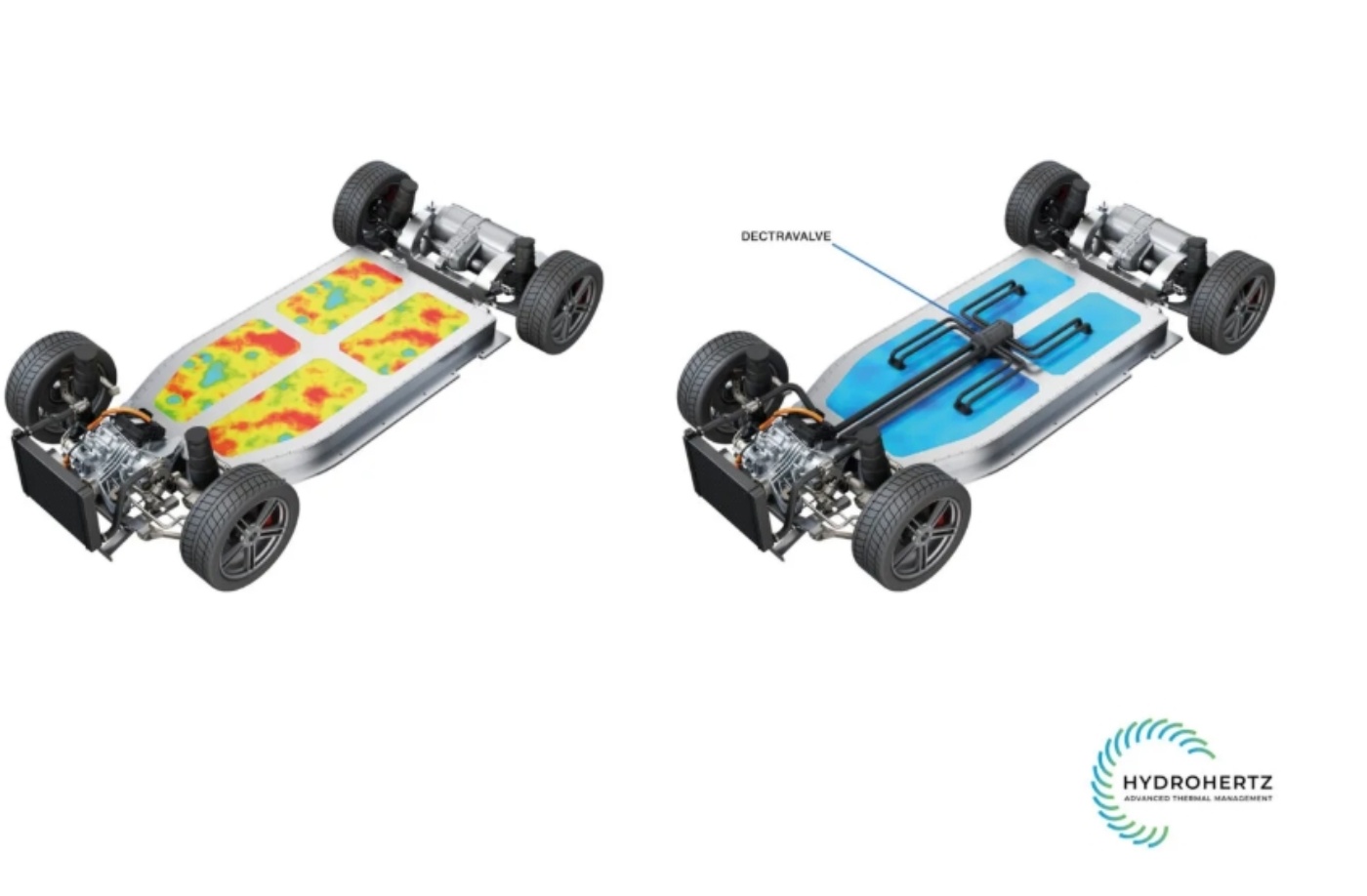 Comparison of two electric car chassis showing different thermal management systems, one labeled DECTRAVALVE.