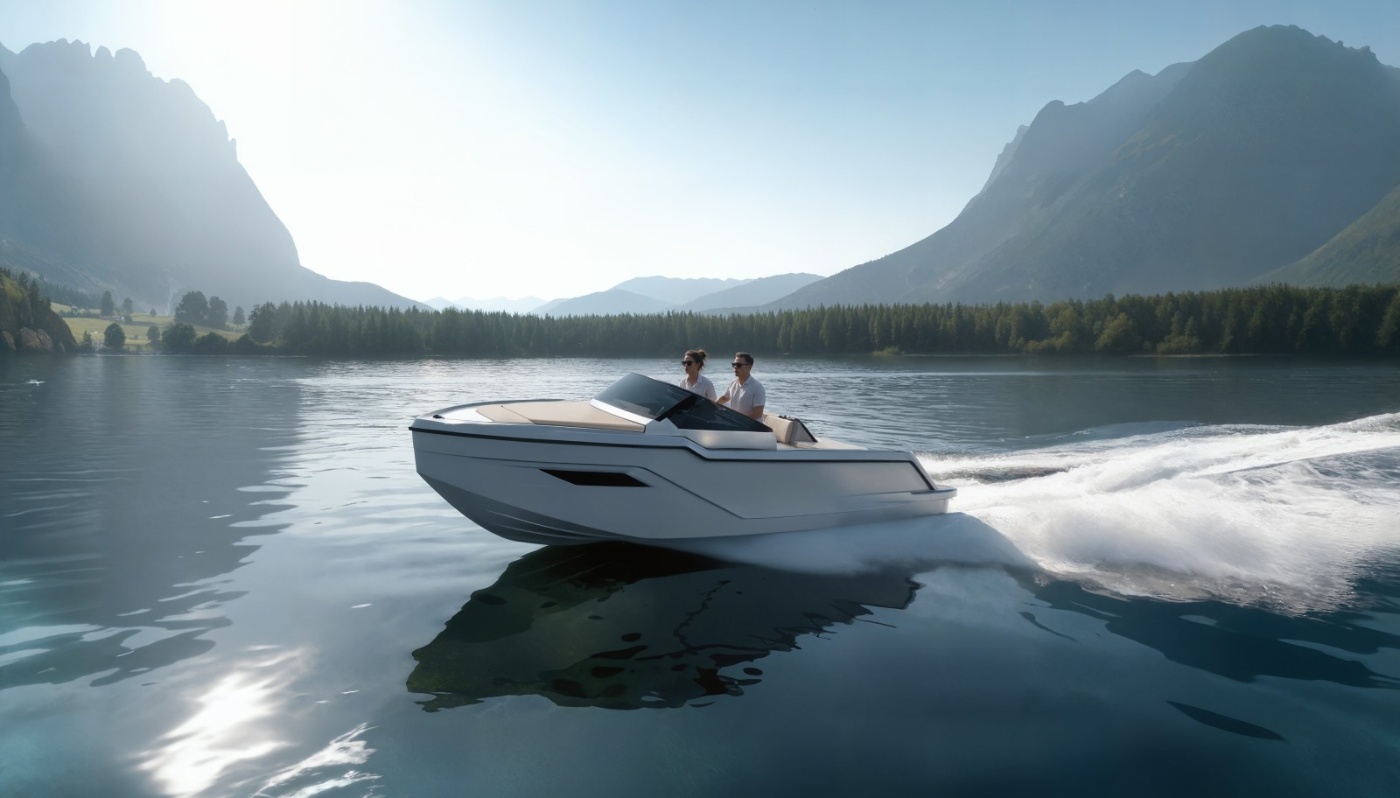 Zwei Personen fahren mit einem modernen Motorboot auf einem ruhigen Bergsee mit Waldkulisse.