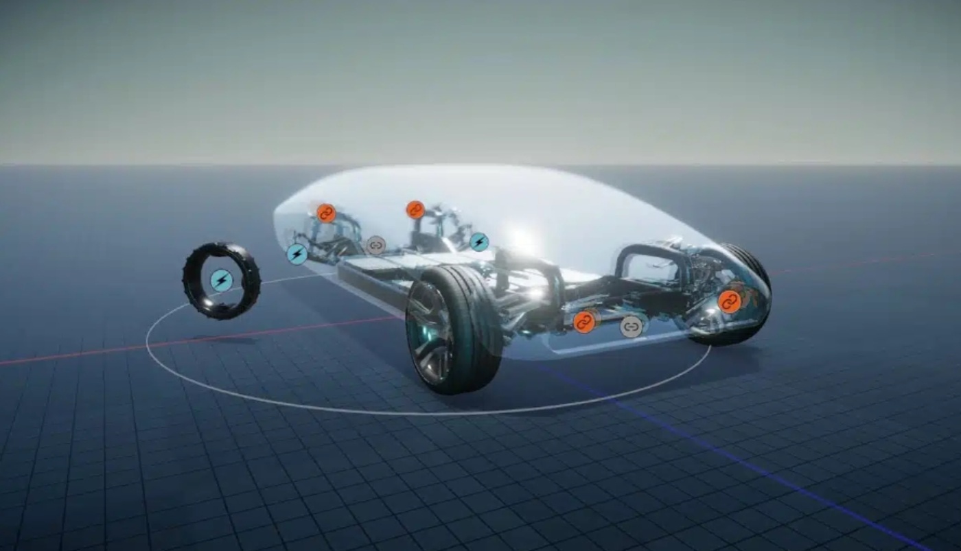 Ein transparentes 3D-Automodell zeigt Innenkomponenten und drehbare Räder im digitalen Raum.