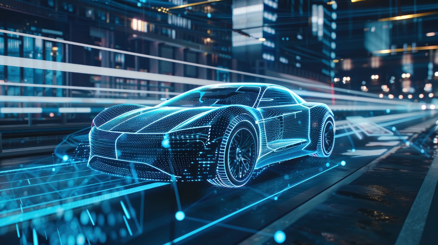Futuristisches digitales Fahrzeug fährt durch eine neonbeleuchtete Stadt in einer Simulation.