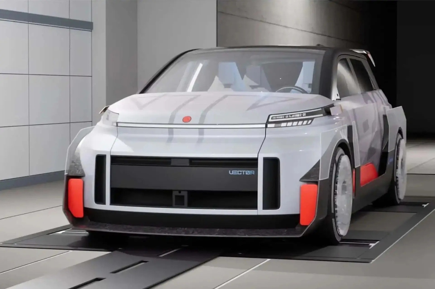 Futuristisches silbernes Konzeptauto mit kantigem Design und roten Akzenten