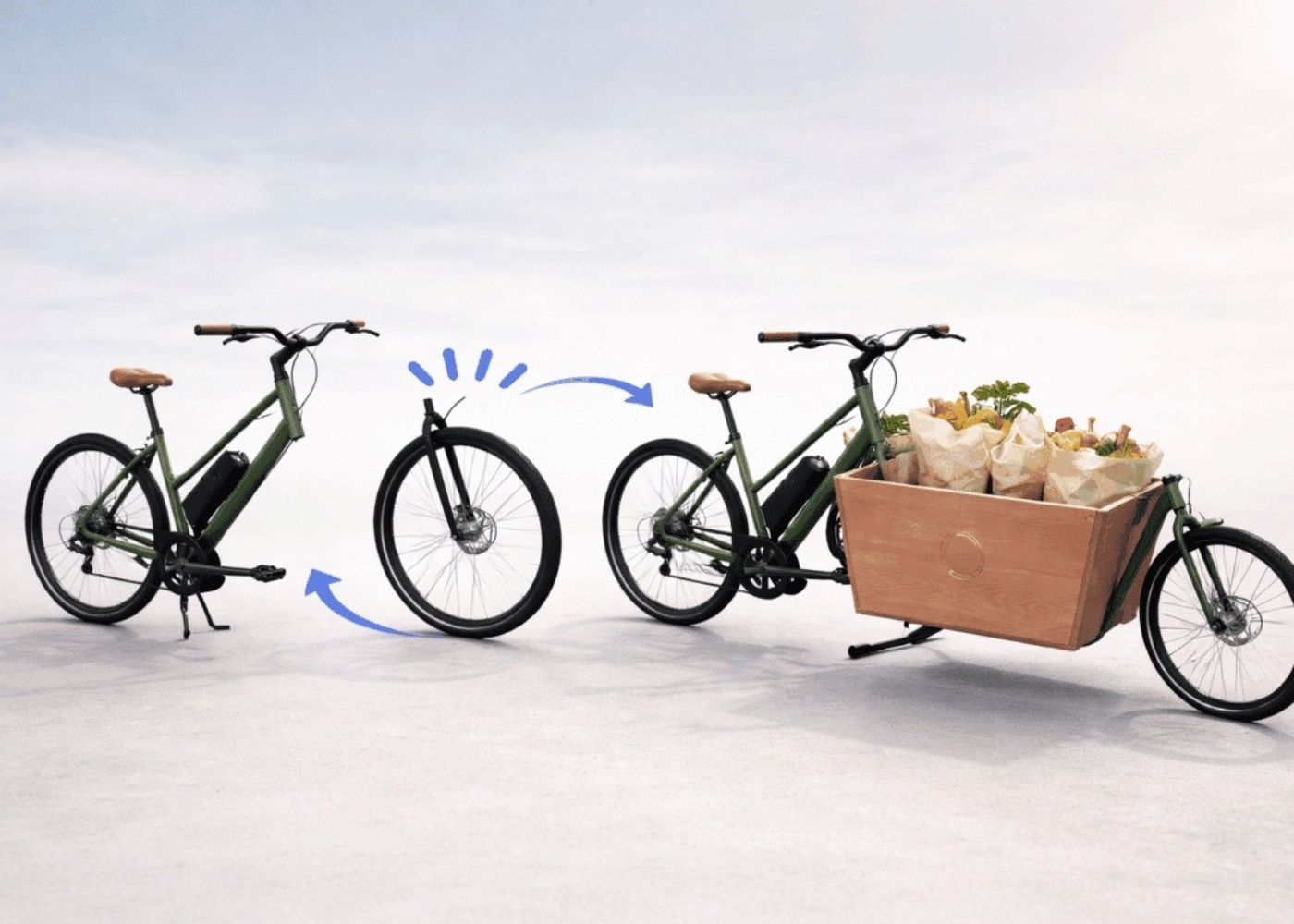 E-Bike mit angehängtem Lastenanhänger voller Einkäufe