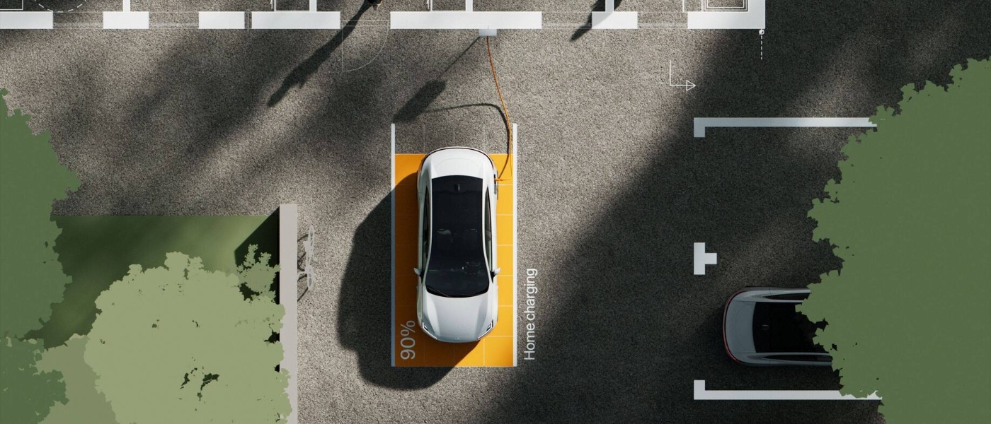 Top view of an electric car home charging, shown at 90%.