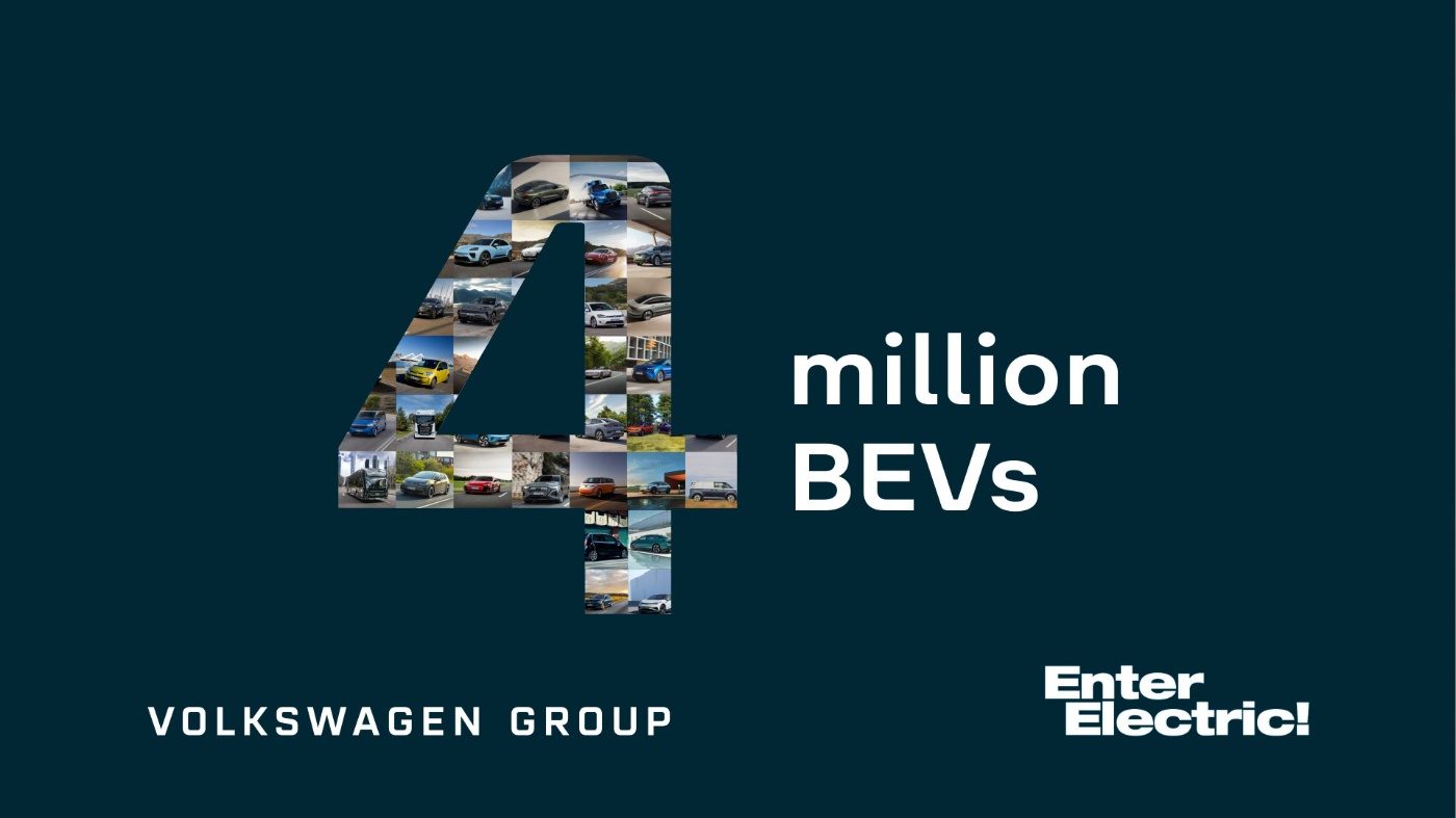 Graphic with number 4 made of car photos and text “4 million BEVs”, Volkswagen Group.