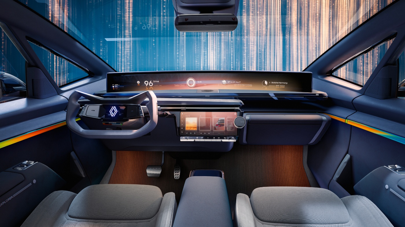 Futuristischer Renault Innenraum mit digitalem Cockpit und breitem Display.
