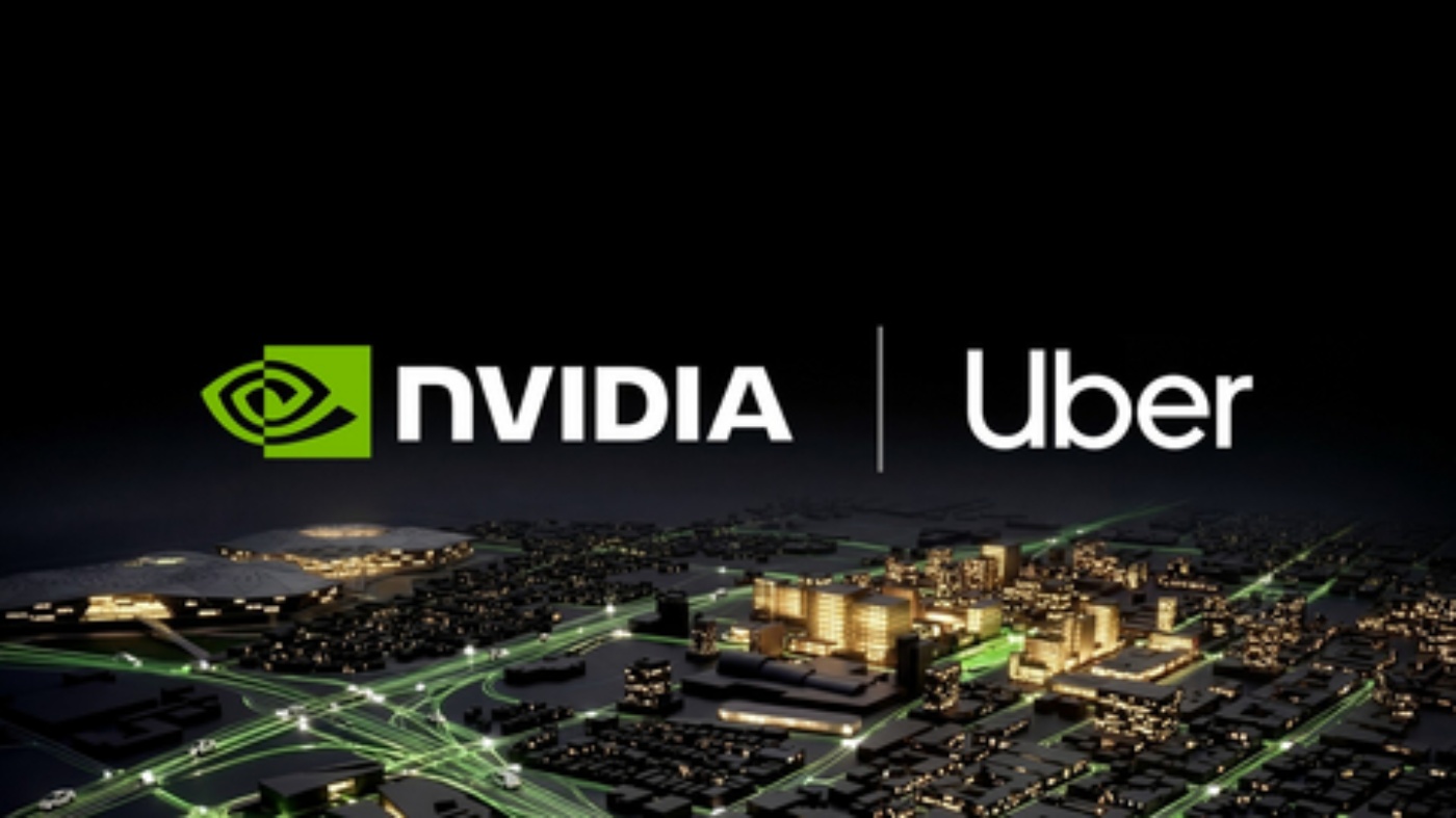 NVIDIA and Uber logos above a city at night.