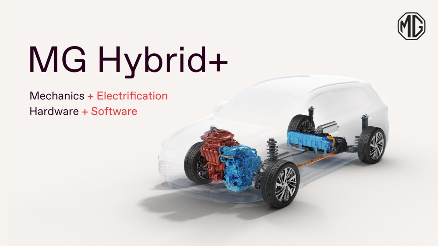 MG Hybrid+ Fahrzeug mit transparenter Karosserie und sichtbarem Motor, Batterie und Antrieb.