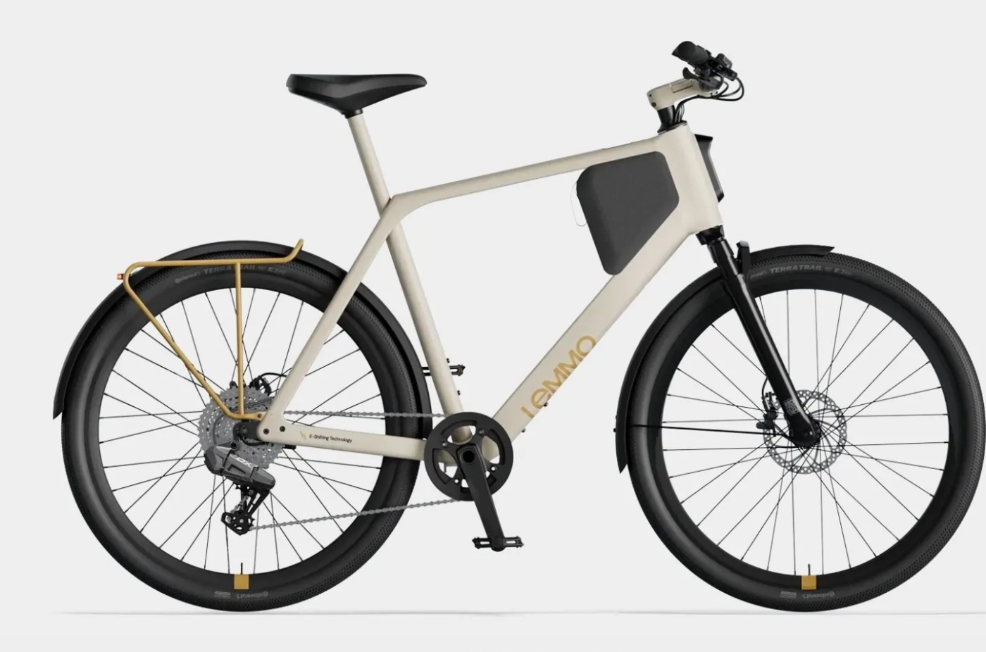 Lemmo e-bike with integrated frame battery and rear rack on white background.