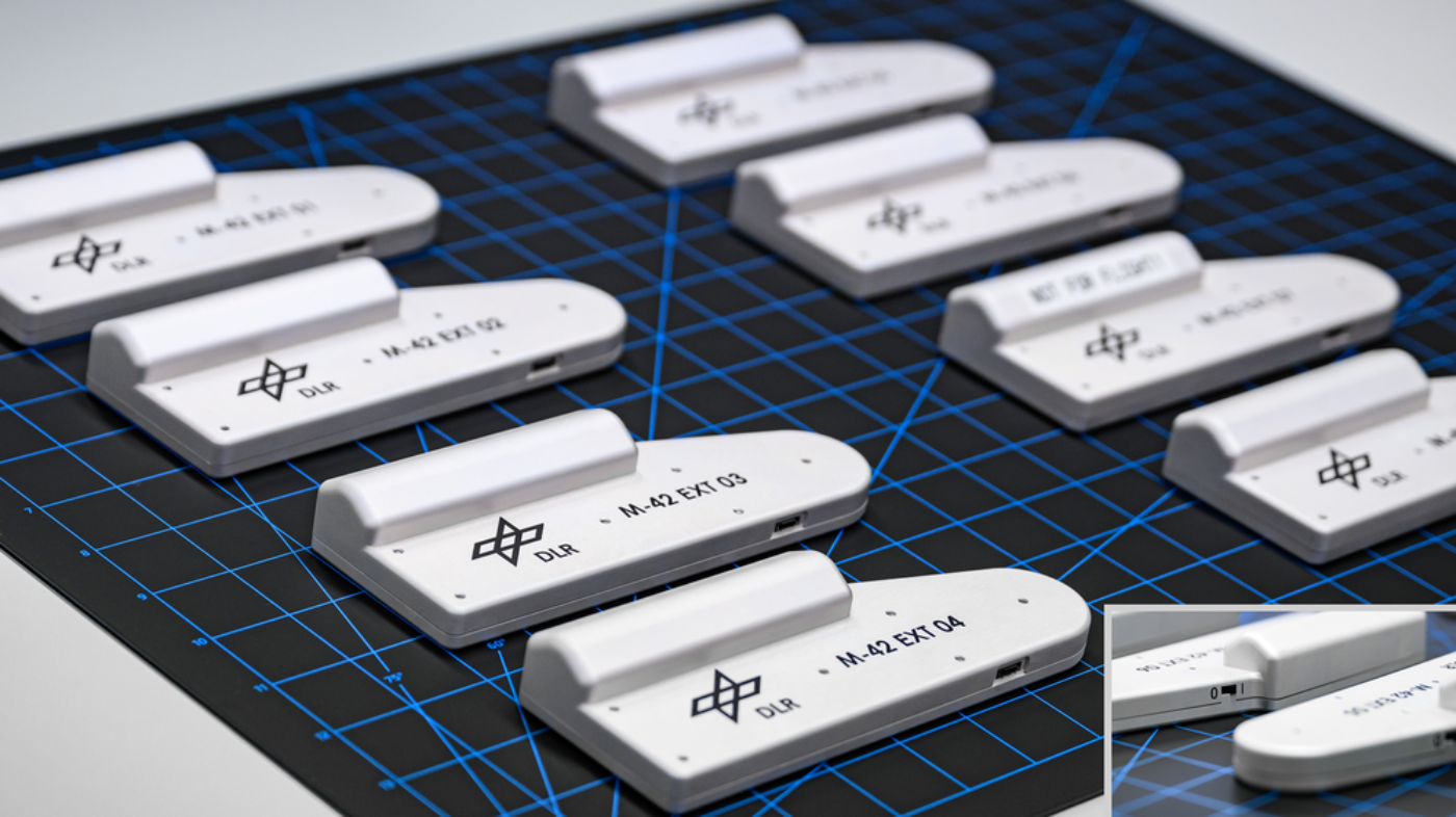 3D-gedruckte Modellteile auf einer Rasterfläche angeordnet.