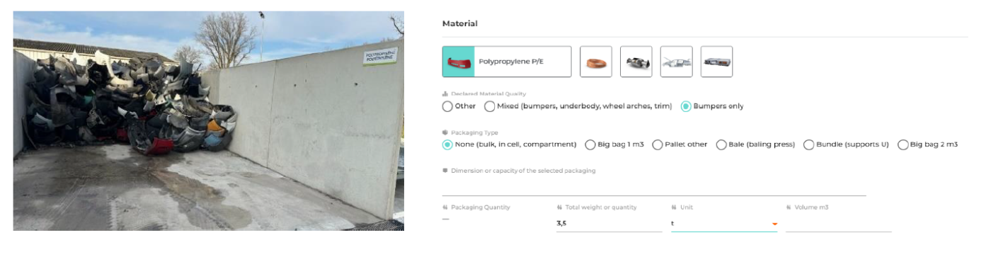 Stacked car parts by a wall and screenshot of software interface.