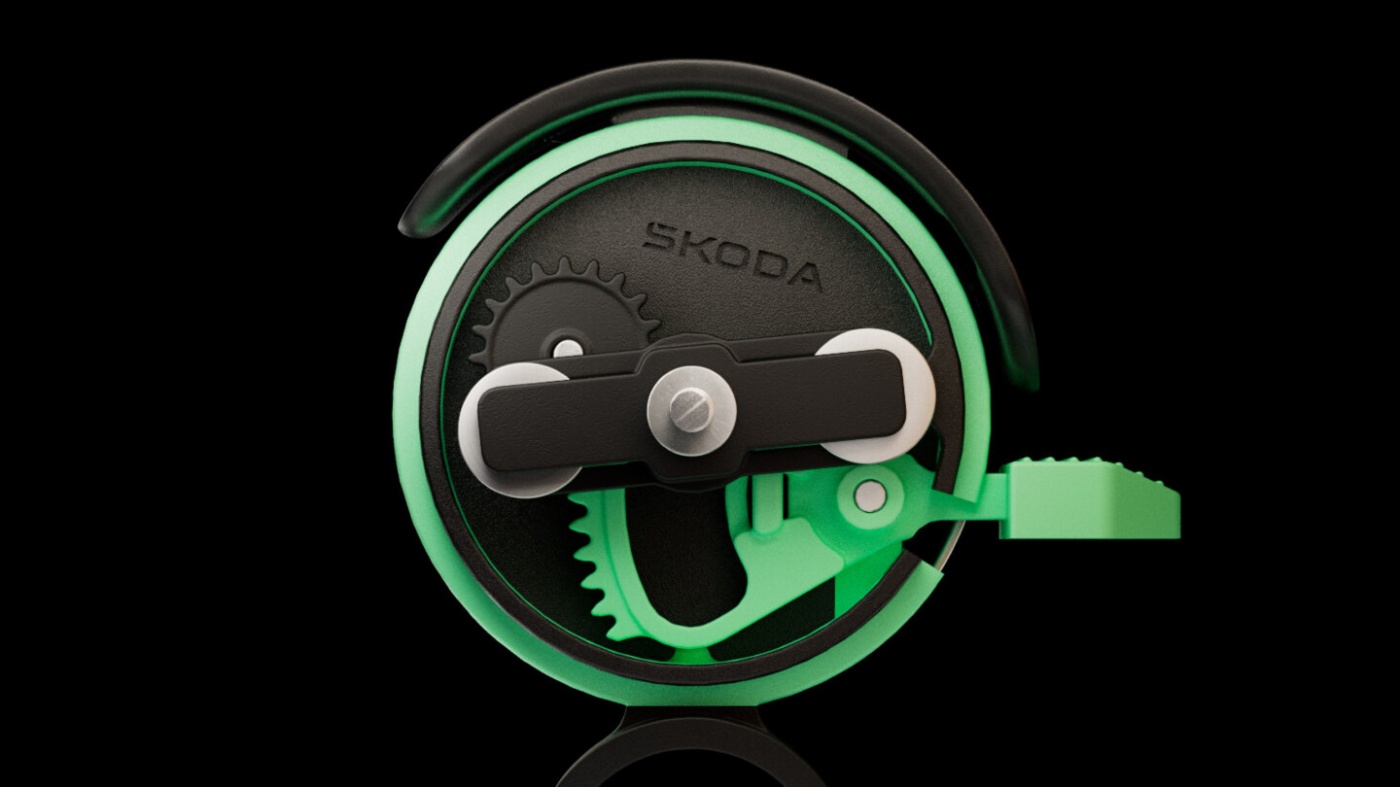Front view of a Skoda electric wheel module with visible mechanical components.