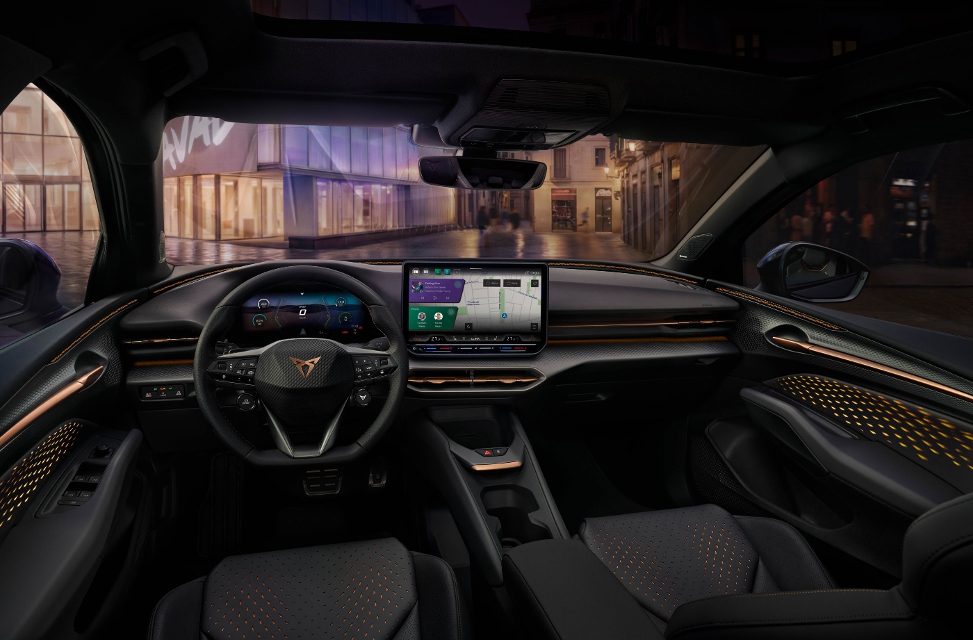 Modern car interior with digital cockpit, steering wheel and central display.