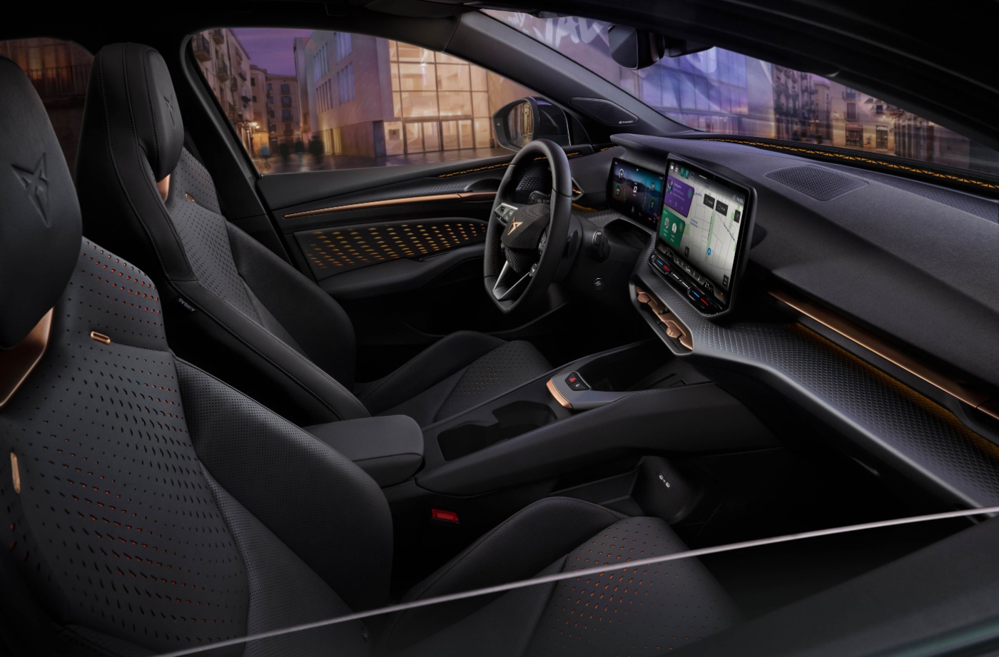 Front seats and dashboard of a modern car with digital display and ambient light.