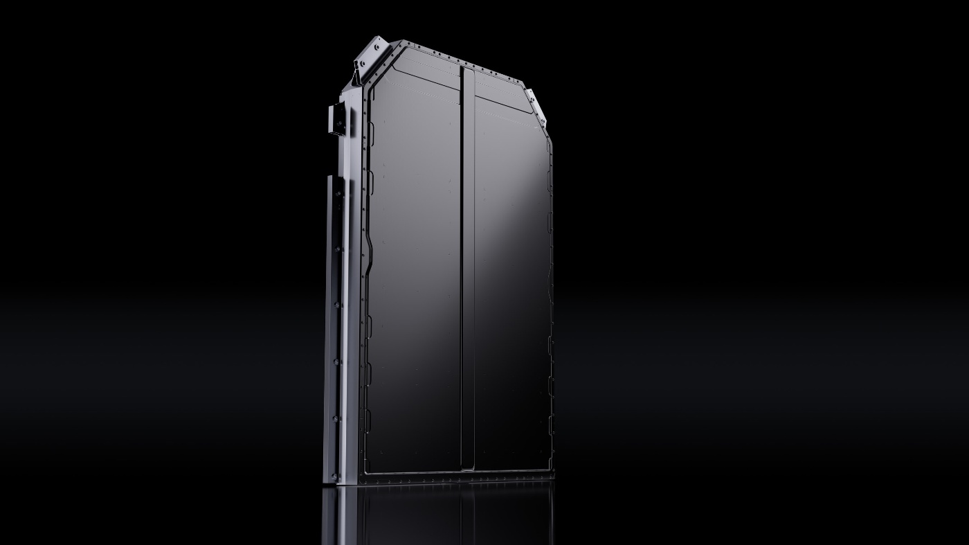 Black server or battery cabinet on dark background.