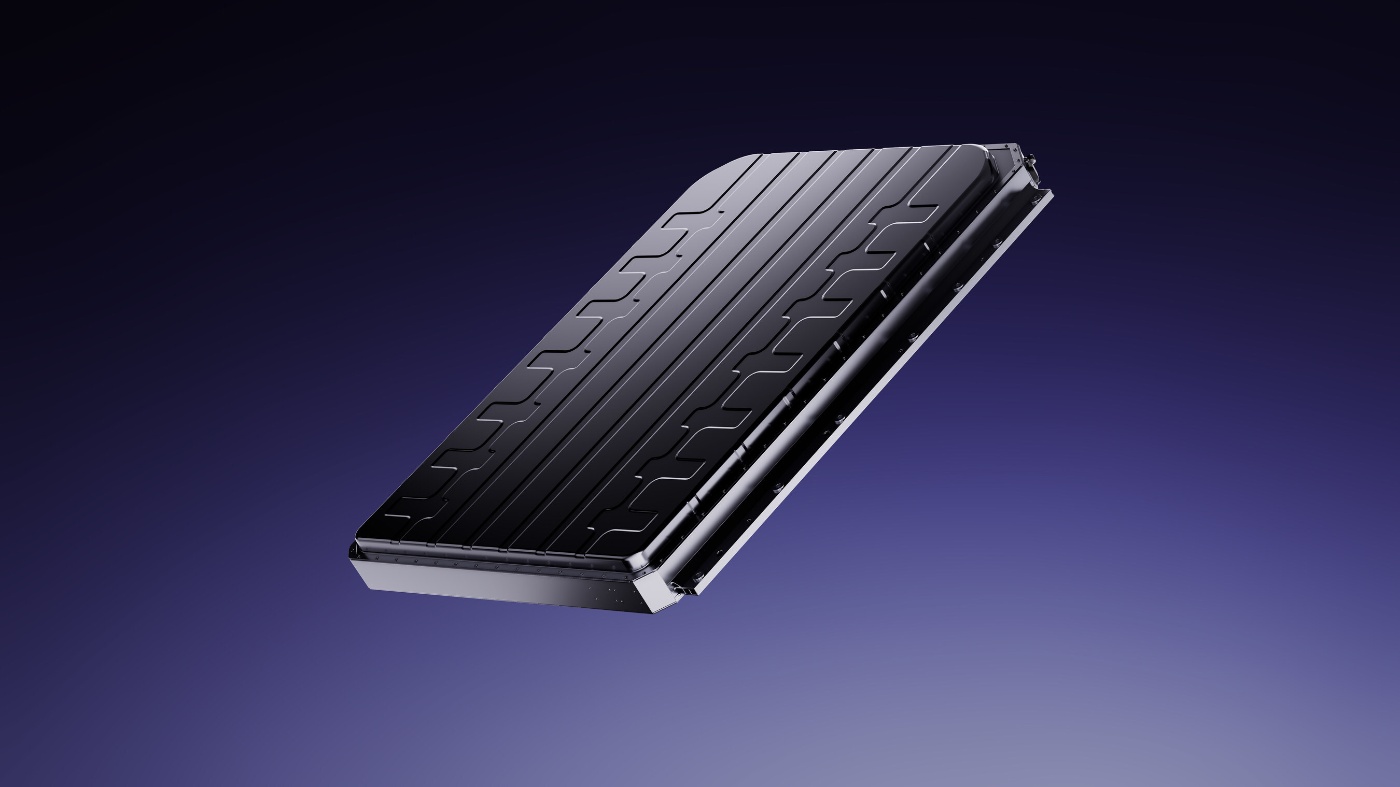 Flat black battery pack on dark blue background.